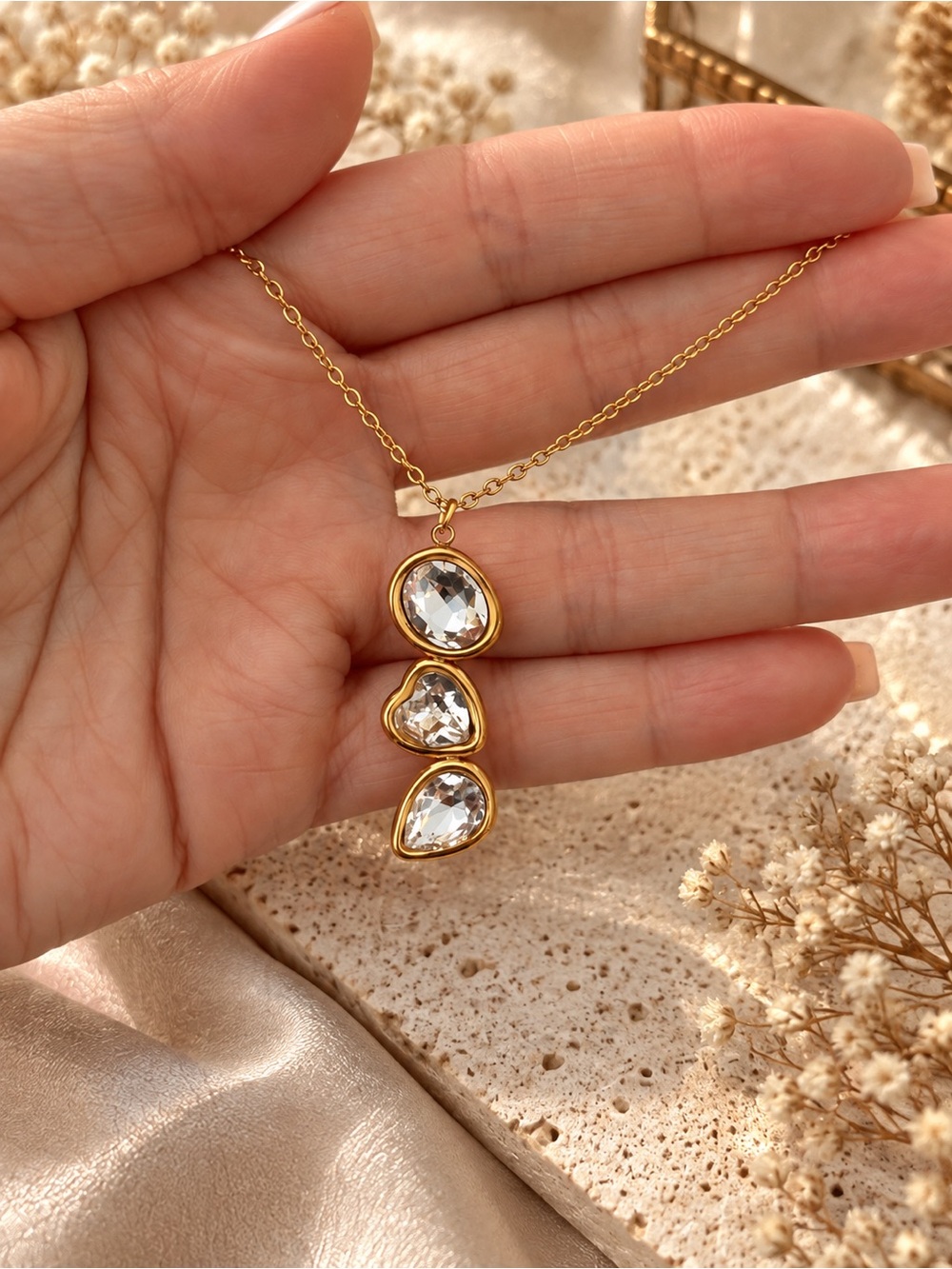 Gold Drop Triple Crystal Pendant Necklace